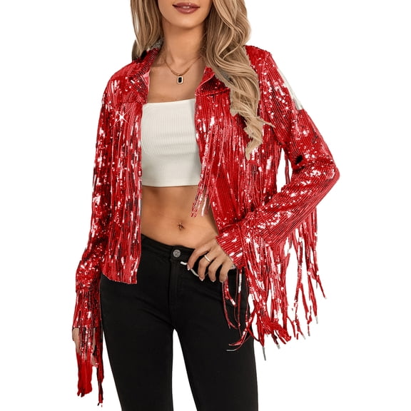 Michellecmm Women Disco Cowgirl Jacket Lightweight Casual Sequin Tassels Long Sleeves Cardigan Coat