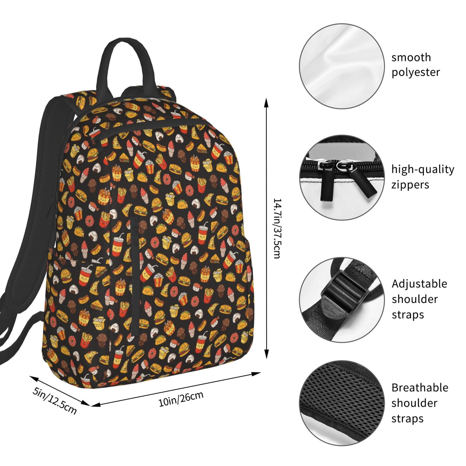 Defioc Burger Fries Pattern Travel Laptop Backpack,Lightweight Backpack Travel Hiking Daypack Backpack Work Bag for Men Women