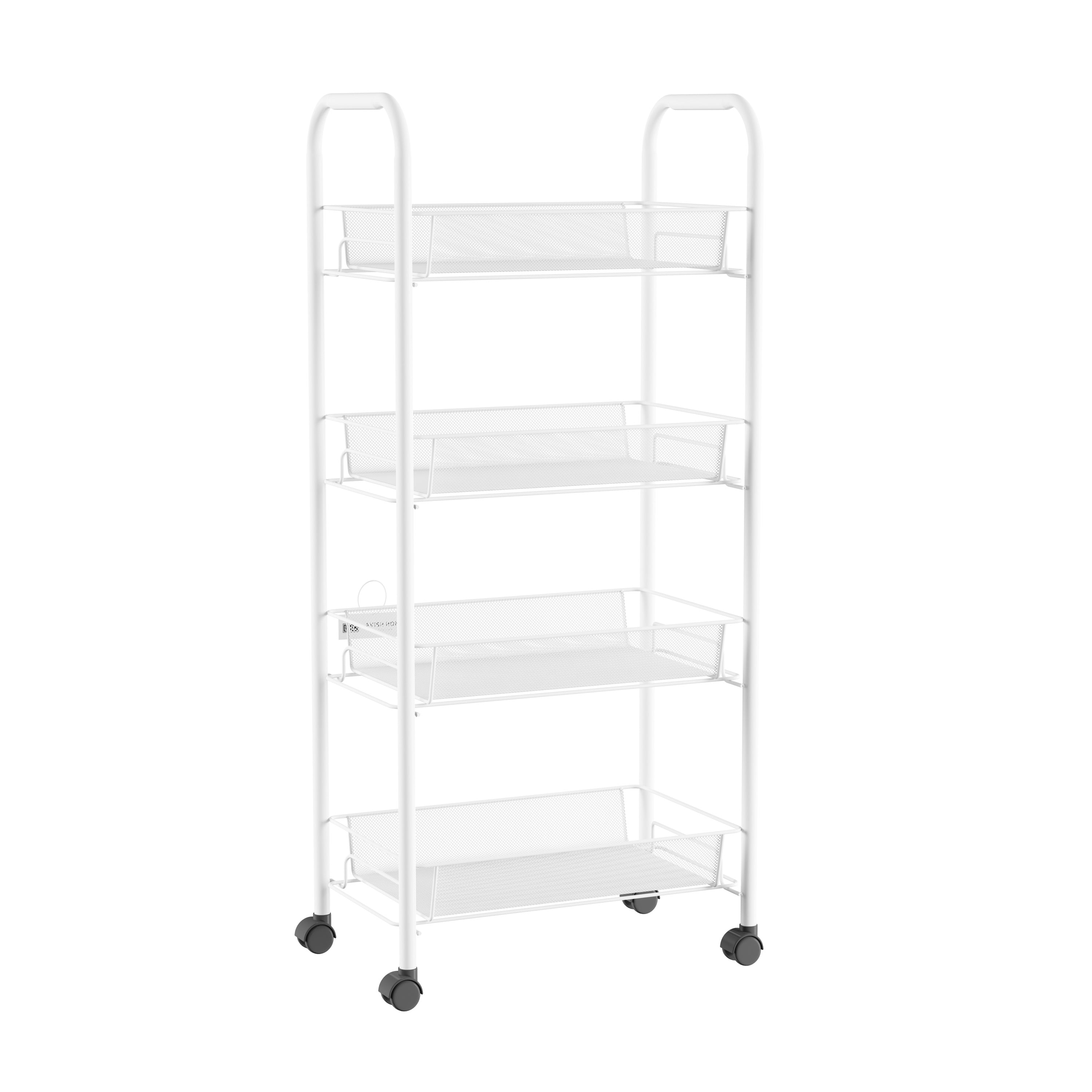 【US Fast Shipment】4-Tier Rolling Utility Cart Mobile Shelving with 4 Mesh Wire Storage Baskets Easy Assembly Storage Cart for Kitchen Laundry Room Bathroom Office & Dresser White 