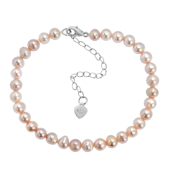 Sophisticated String of Pink Pearls and Heart Charm Sterling Silver Bracelet