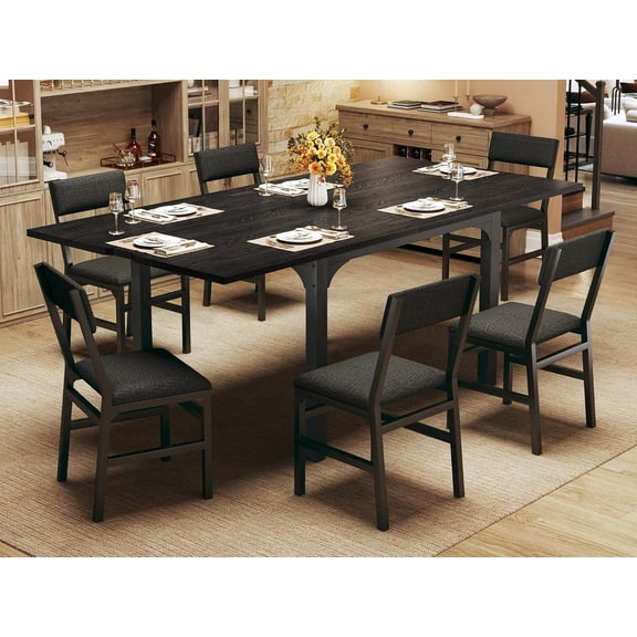 Tomnk 7-Piece Dining Table Set for 4-6, Extendable Kitchen Table Cushion Chairs Set of 6 with 6 Chairs, Rectangle Dining Table with Metal Frame & MDF Board, Folding for Small Apartment, Black