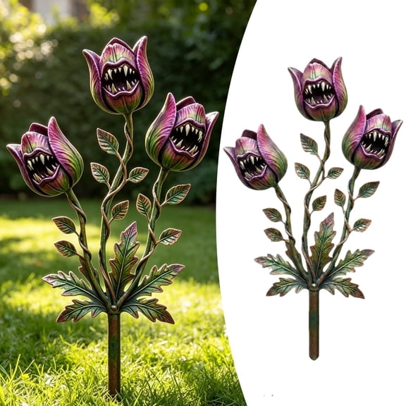 DLMCUH Whimsical Metal Carnivorous Plant Garden Stakes Large Venus Fly Trap Live Plant Sculpture Outdoor Yard Art Venus Flytrap Garden Stak for Flower Beds Patios Halloween Decorations(A)