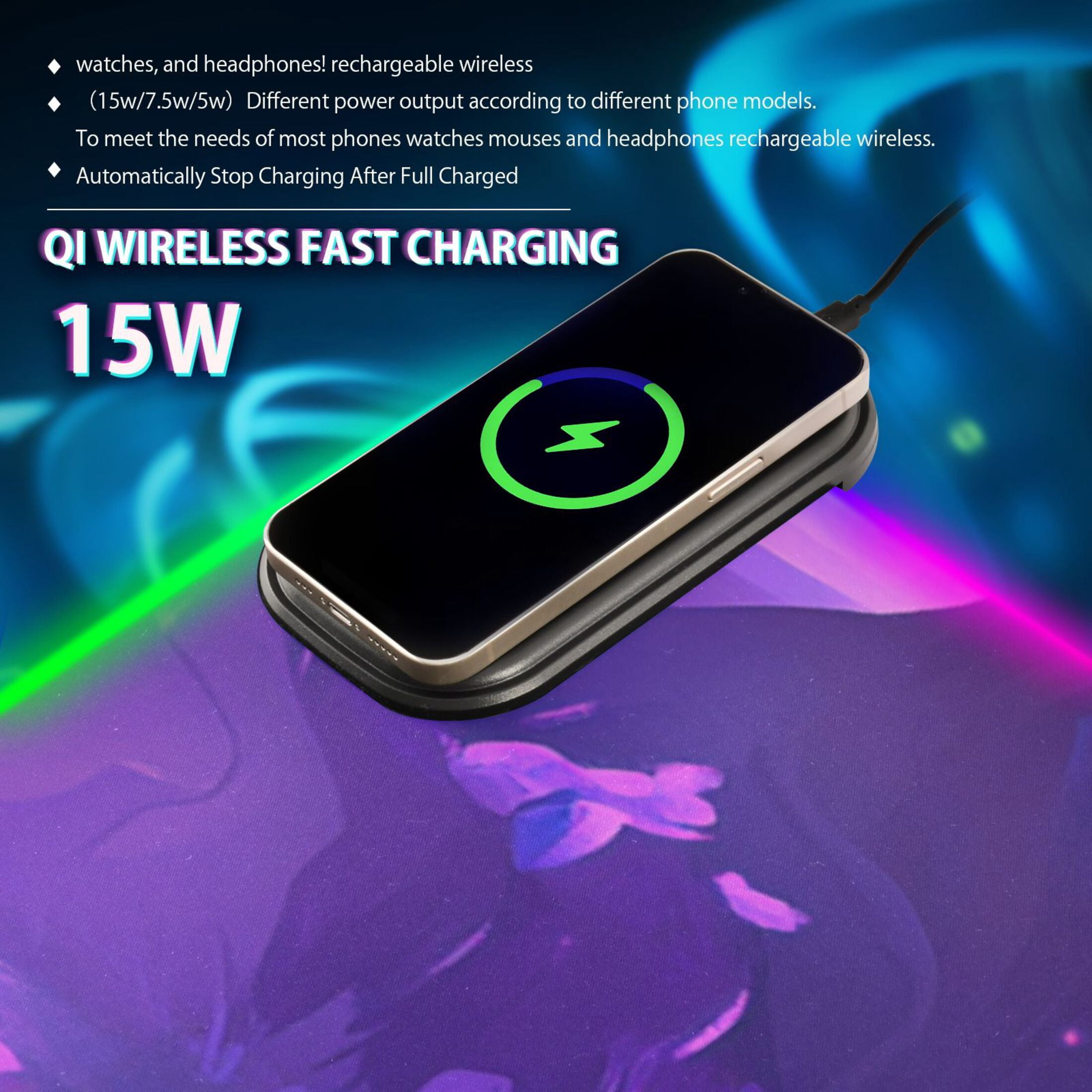 Purple Crystal Forest Large RGB Gaming Mouse Pad with Fast Wireless Charging, 31.5''x11.8''