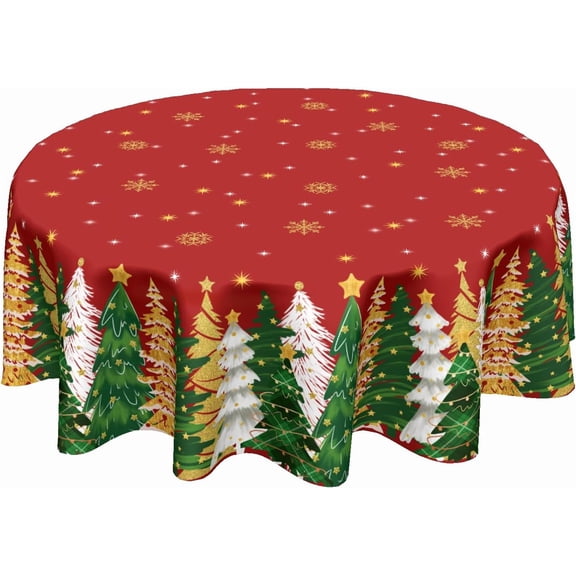 Xmas Trees Red Tablecloth 60 Inch Decor | Winter Gold Snowflake Table Cloth Round Washable Stain and Wrinkle Resistant Round Table Cover for Dining Picnic