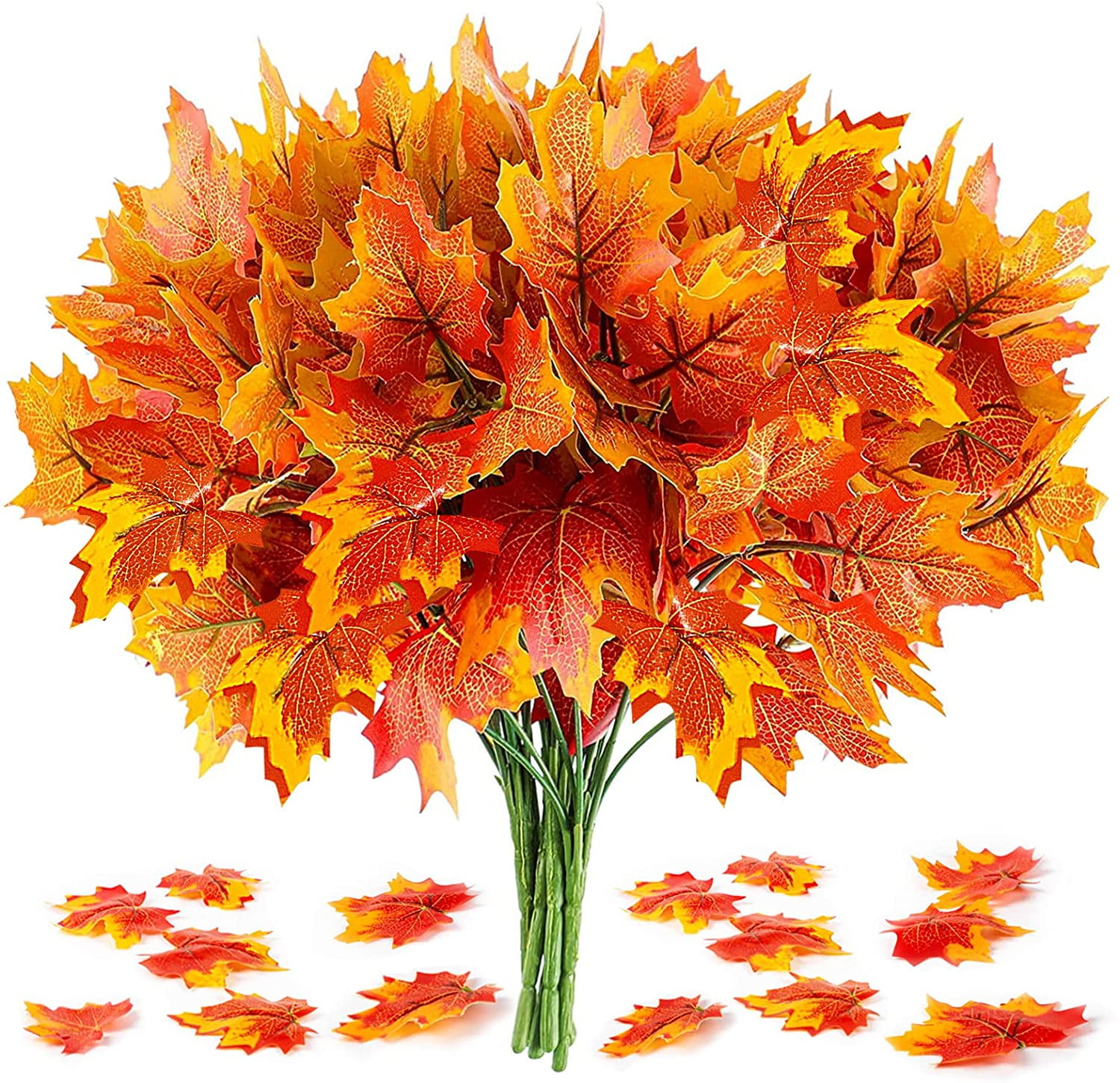 Sinhoon Artificial Maple Leaves Branches, 4PCS Fall Leave Branches Decoration, Fake Fall Maple Shrubs for Thanksgiving, Wedding, Party, Home Kitchen Office Autumn Vase Decor (12 Inches)