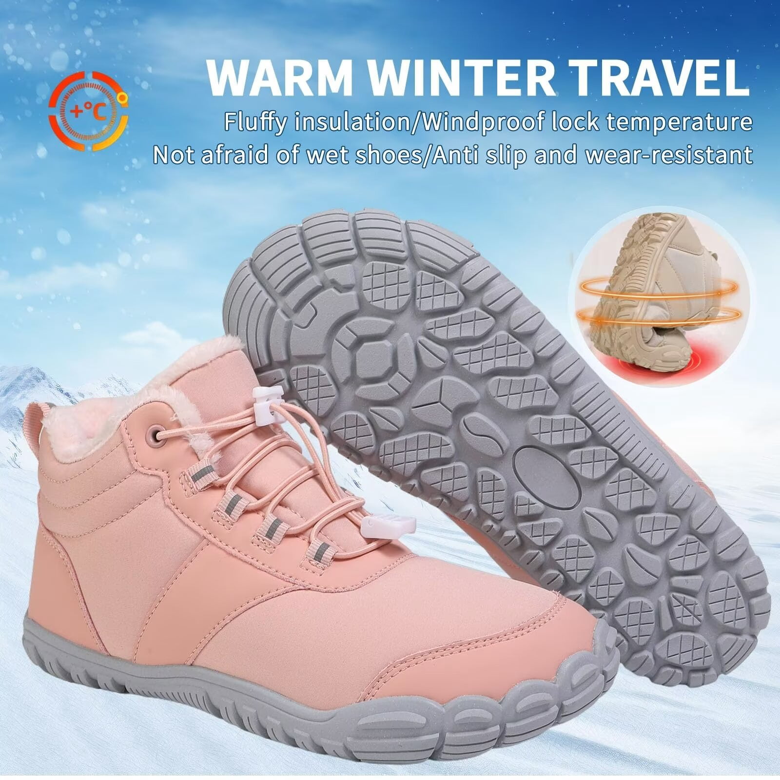 Yunkctuk Hiking Winter Footwear Barefoot Shoes Womens Mens,Snow Boots,Waterproof Wide Toe Box Barefoot Shoes,Warm Fur Lined Ankle Booties Hiking Trekking Trail Climbing Shoes Lace Up Anti-Slip Shoes