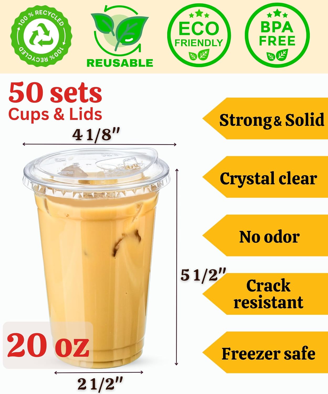 JJEAN-20 oz Clear Plastic Cups with Lids, 50 Sets Disposable Plastic Iced Coffee Cups with Strawless Sip-Lids, To Go Coffee Cup for Smoothie, Milkshake, Cold Drinks