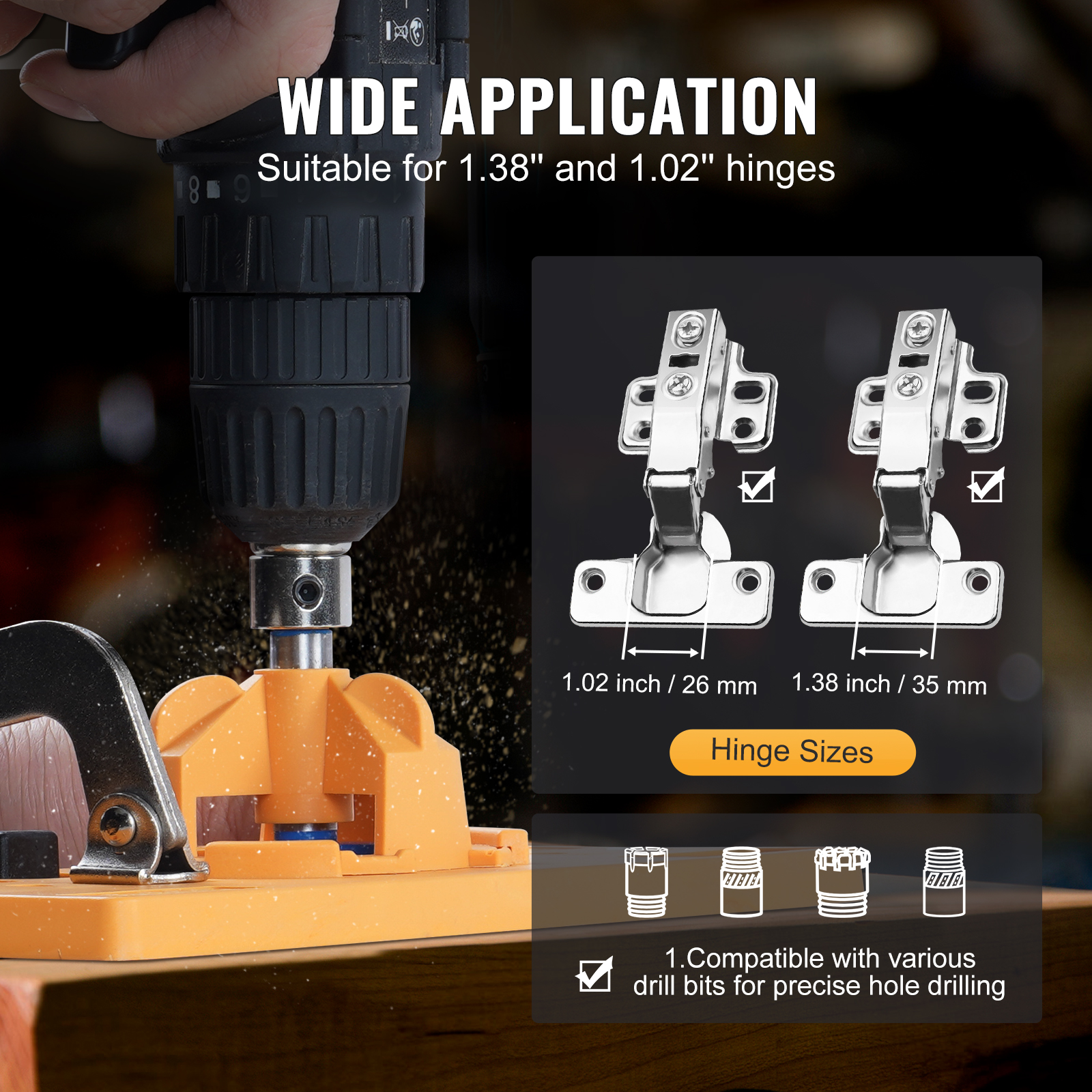 Bright Orange Concealed Door Hinge Jig Kit – Perfect For Woodworking, Comes With C-Type Clamp, Fits 26mm & 35mm Hinges