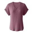 thumbnail image 4 of Women's V Neck Ribbed Knit Top Short Sleeve Soft Loose Fit Basic Casual Spring Summer Daily Tops By Yigetop Purple S, 4 of 4