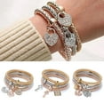 thumbnail image 2 of 3 Pcs/set Heart Lock Key Music Sign Charm Bracelet Owl Tri-color Diamond Stretch Bracelet Pendant Bangle Jewelry Set, 2 of 4