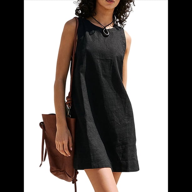 Vestido Corto Informal de Verano para Mujer, de Algodón y , con Cuello Redondo, Sin Mangas y Espalda Abierta, Ideal para Playa y Sol. Negro L
