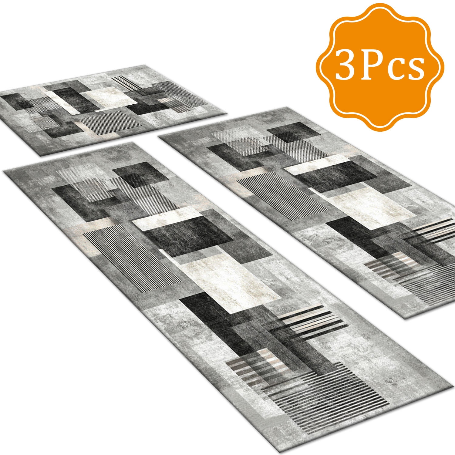 3 Piece Kitchen Rug Set, Non-Slip And Washable, Abstract Pattern Kitchen Hallway Rug, Soft And Comfortable, Suitable For Sinks, Floors, Entrances, Hallways and Bathrooms