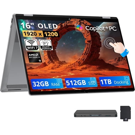 HP OmniBook X Flip 2-in-1 16" FHD+ OLED Touchscreen Laptop, AMD Ryzen AI 9 465, 32GB LPDDR5X, 1.5TB Storage (512GB SSD+1TB Docking Station), Backlit Keyboard, Copilot+ PC, Wi-Fi 7, Win 11, Silver