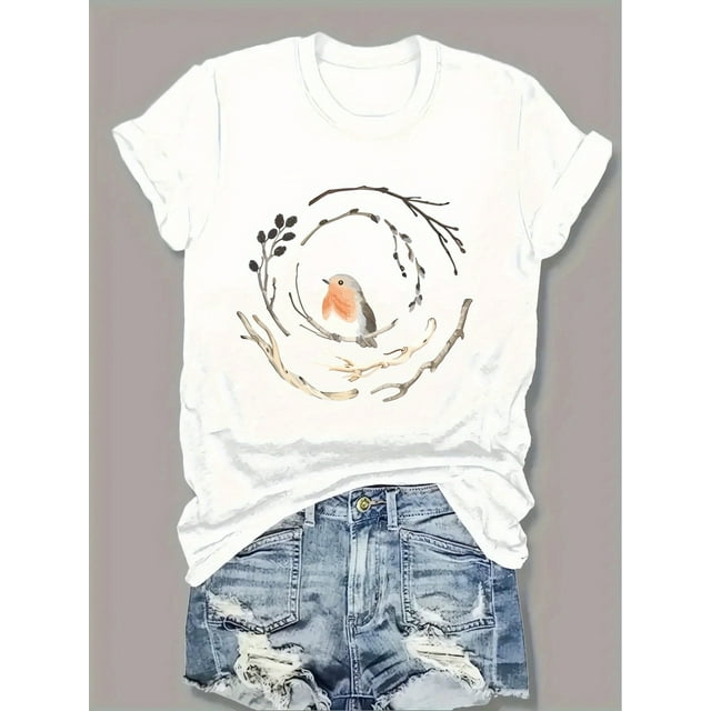 Women'S Casual Crew Neck T-Shirt, Polyester Knit Fabric, Regular Length, with Geometric Bird and Branch Print, for All Seasons