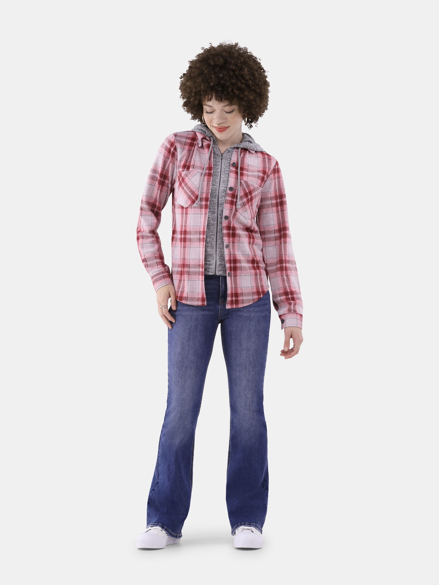 No Boundaries Plaid Button Down Shirt, Women's