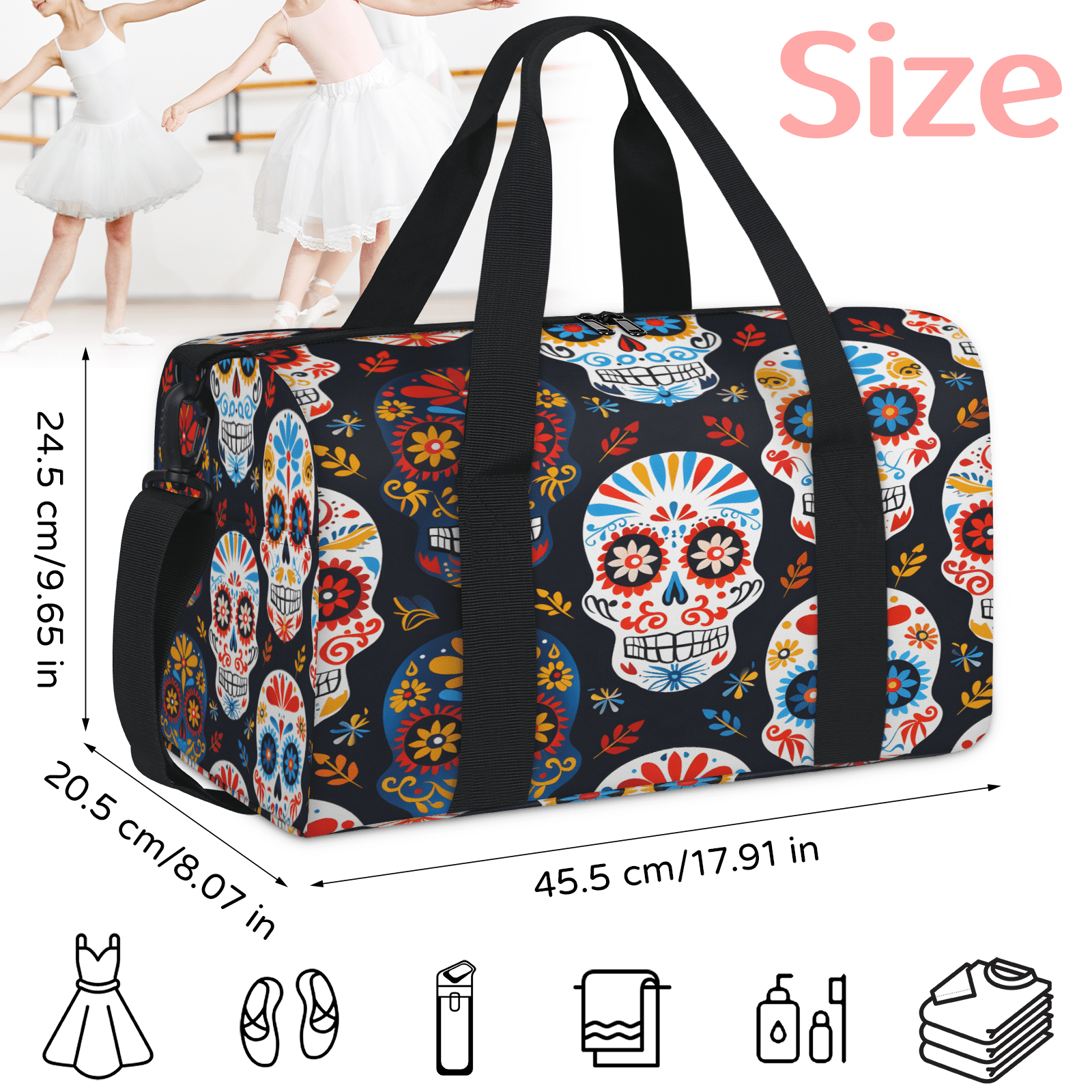 Herdesigns Skull Floral Travel Duffle Bag Sports Yoga Weekender Overnight Carry on Workout Bags Lightweight Waterproof Gym Tote Bag for Women Sugar Skull