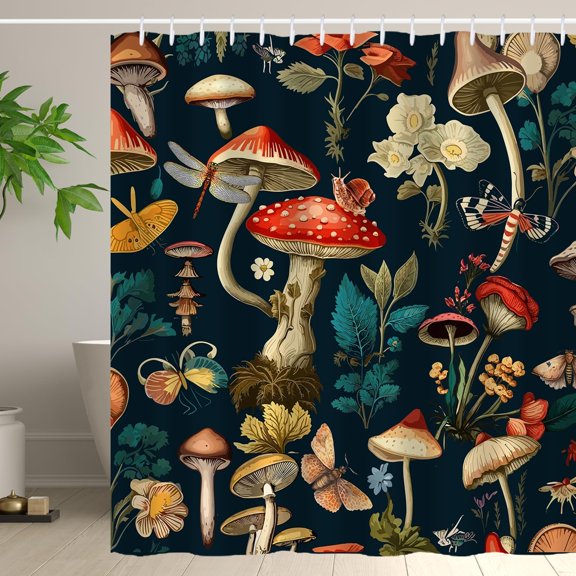 Red Mushroom Shower Curtain Retro Mushroom Butterfly Floral Snail Plants Shower Curtains for Bathroom 72×72 Inch Gothic Trippy Aesthetic Night Sky Bath Curtain Set Waterproof Fabric with 12 Hooks