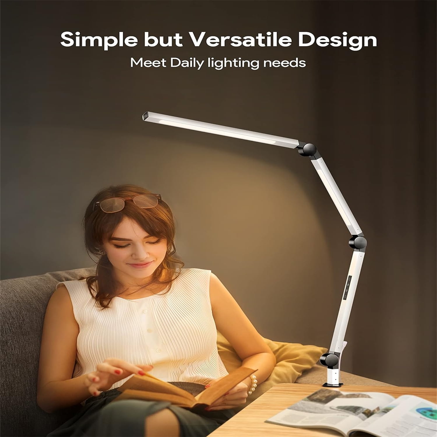LED Desk Lamp with Clamp, Dual Light Desk Lamp with Swing Arm, Dimmable 4 Color Modes & 4 Brightness Table Lamp, Eye-Caring Clip-on Lamp with Memory Function for Home Office, White