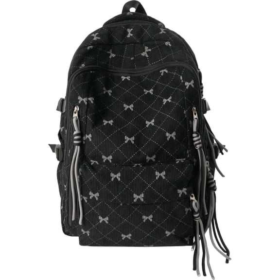 Bow Backpack for Women Cute Coquette Backpack with Bow Fashion Corduroy Bookbag Diamond Pattern Rucksack(Black)