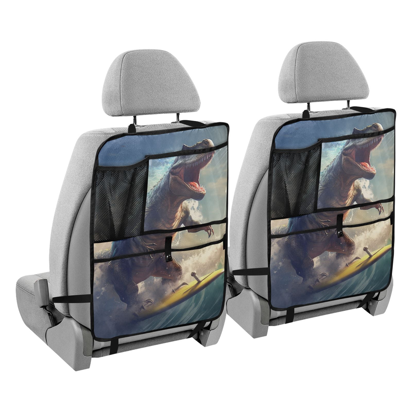 Dinosaur surfing epic wave ride(17) Back Seat Cover + Pocket Storage Organizer, 4 Pack Multifunctional Kick Mats Backseat Protector