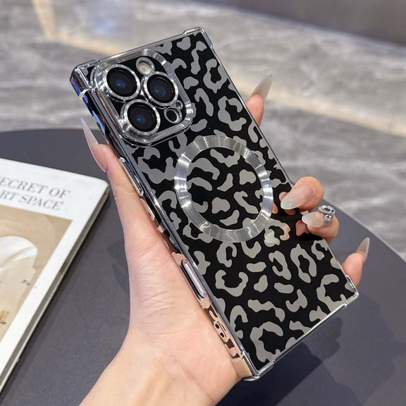 Magnetic Phone Case For iPhone 16,Compatible with Mag-Safe,Luxury Leopard Print Pattern Design,With Lens Film,Shockproof Protection Anti-fall Electroplated Rugged Phone Case,Black