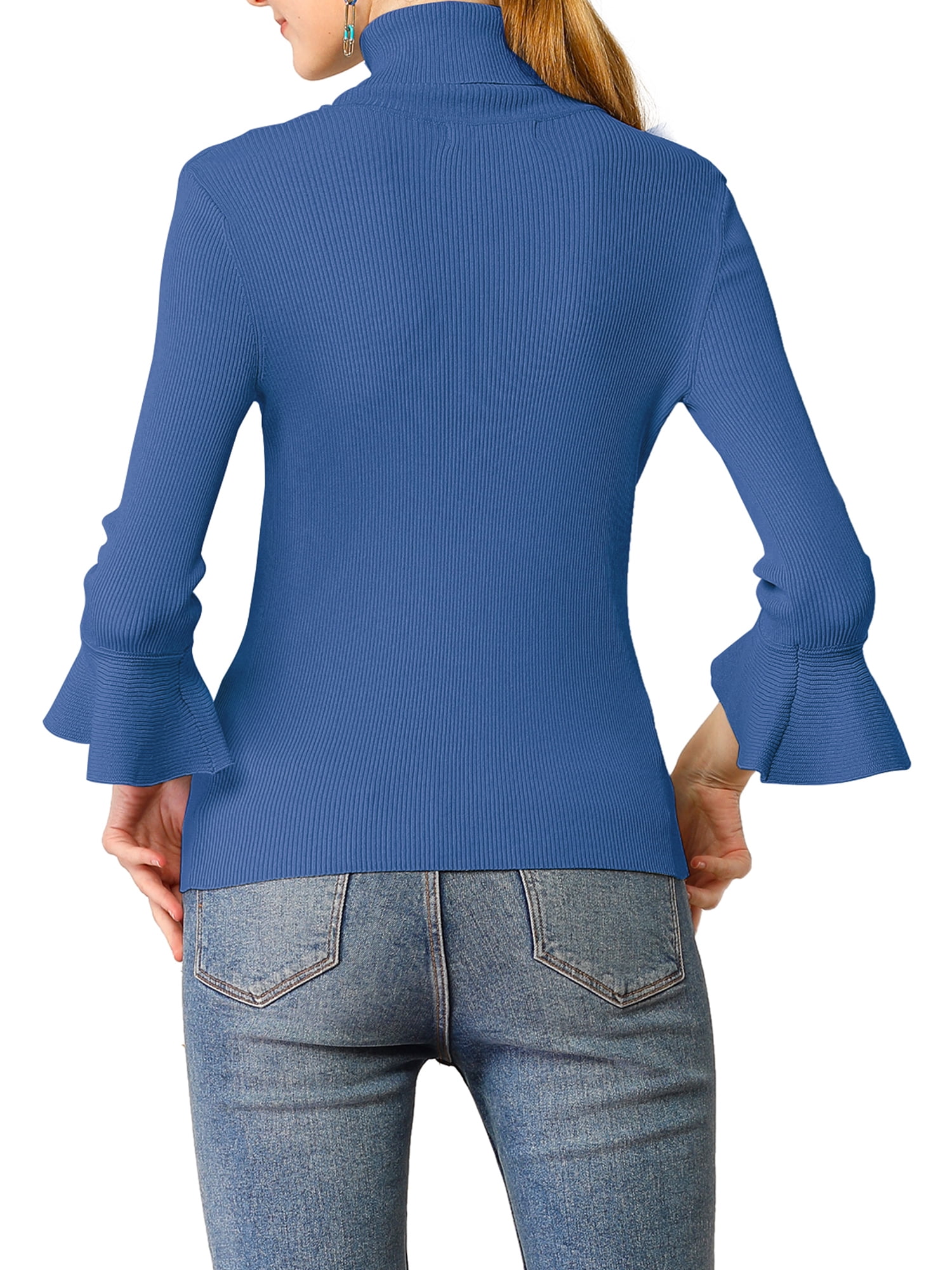 DARING DIVA Women's Ruffle Sleeves Pullover Knit Turtleneck Sweater XL Blue