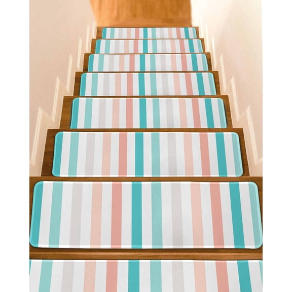 Coral Red Aqua Stripes Stair Treads Non Slip for Steps Minimalist Abstract Vertical Striped 4 Pcs Reusable Adhesive Stair Runner Mats for Dogs Elders Carpet Treads Rugs for Staircase 8x30 In