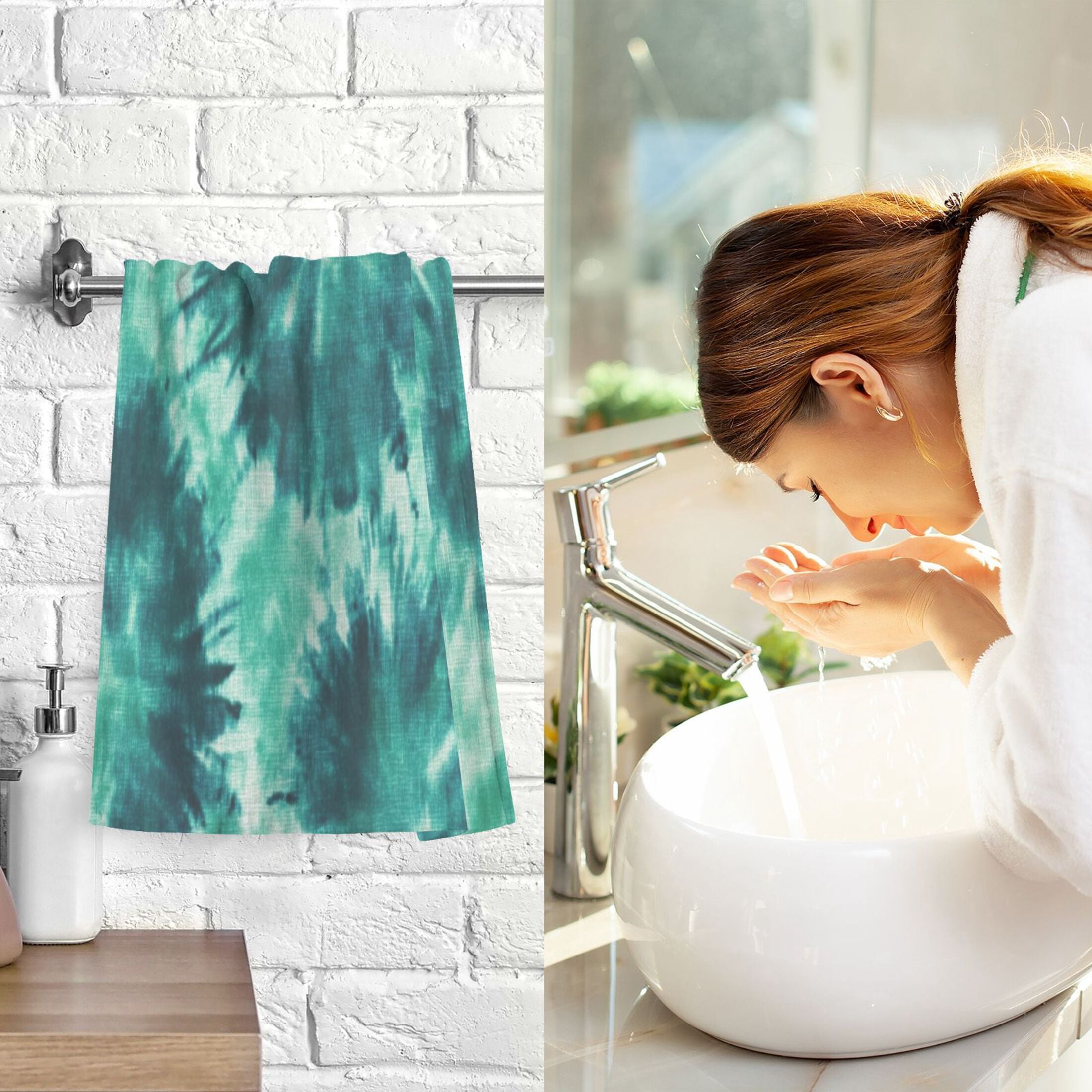 2 Pcs Absorbent Face Towel Bath Hand Towels Soft Breathable Cotton Towel Set for Bathroom Kitchen Hotel Spa Decor Dark Teal Tie-dye Pattern