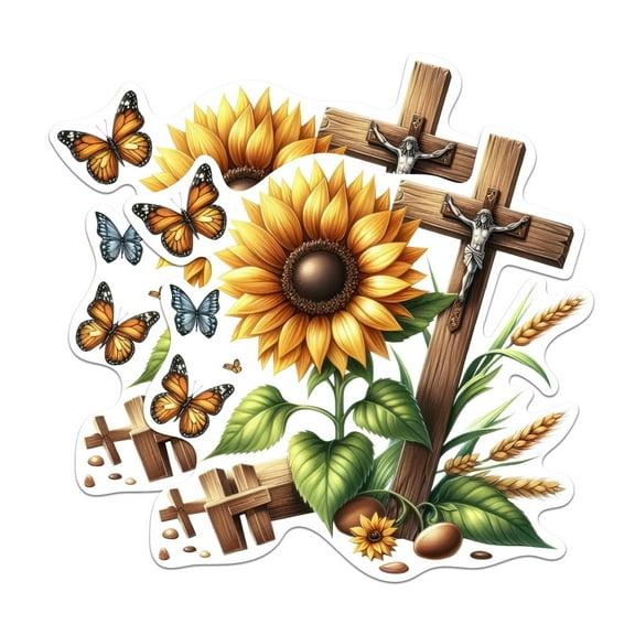 (2 Pack) Sunflower with Cross and Butterflies Magnets - Jesus Christian Cross Magnet - 5" On Longest Side - Premium Magnet - for Cars, Refrigerators, Toolboxes, Lockers - Made in USA - MAG0432