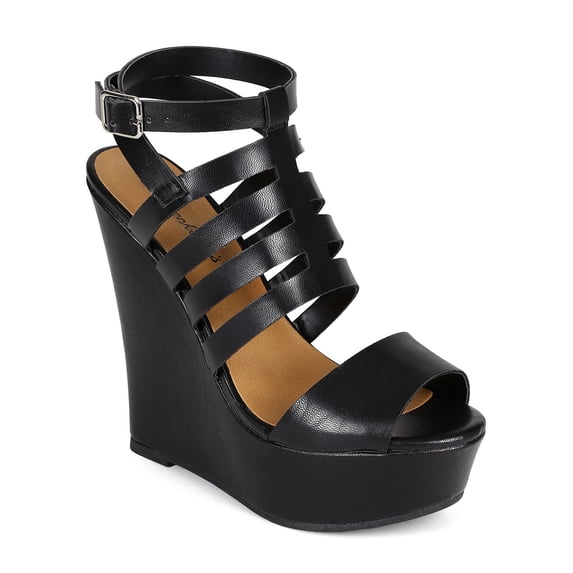 Breckelles CC70 Women Leatherette Open Toe Caged Ankle Strap Platform Wedge Sandal