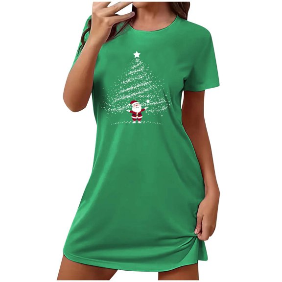 Wensltd Short Sleeve Nightdress for Women Christmas Crew Neck Loose Fit Festive Soft Comfortable Sleepwear for Holiday