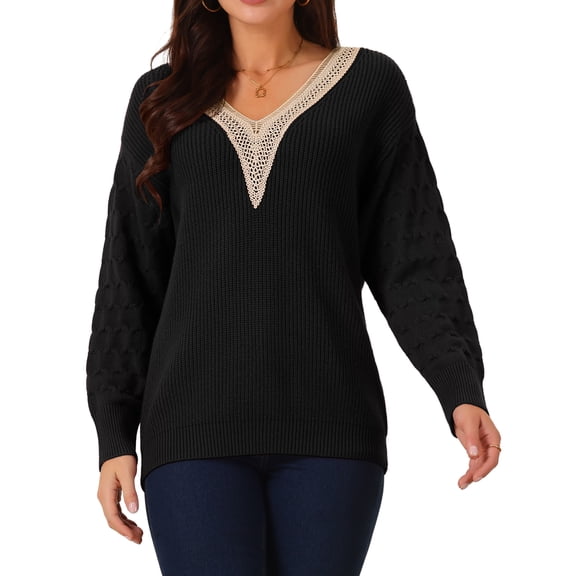 DARING DIVA Long Sleeve Lace V Neck Pullover Sweater Jumper Top S Black