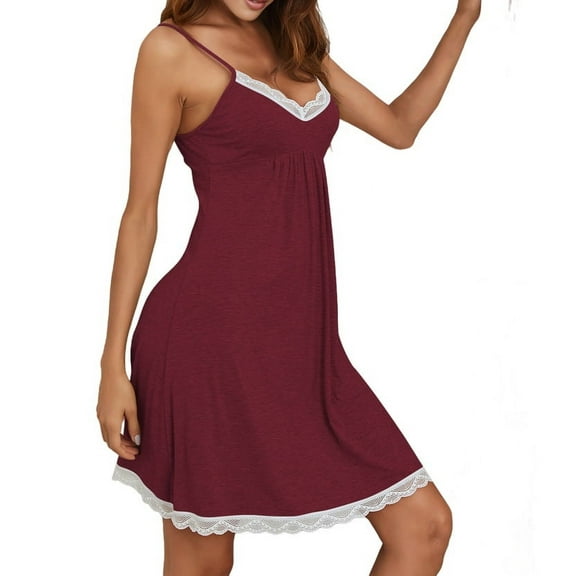 Mawalde Women'S Lace Strap Babydoll Chemise Nightgown V Neck Full Slip Nightdress Claret S