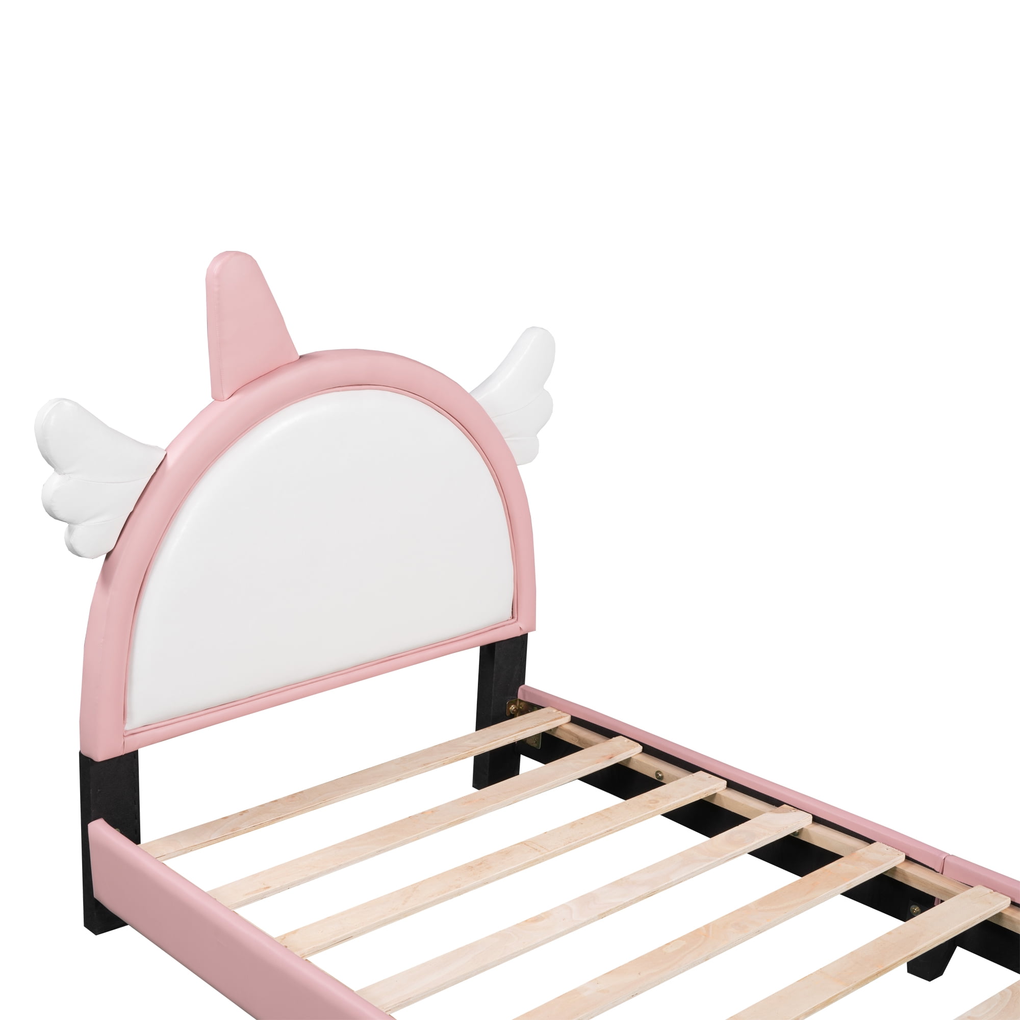 Cute Twin Size Bed Frame with Unicorn Shape Headboard,Twin Size Platform Bed Frame with Headboard and Footboard for Boys Girls ,80"x45"x45",White+Pink