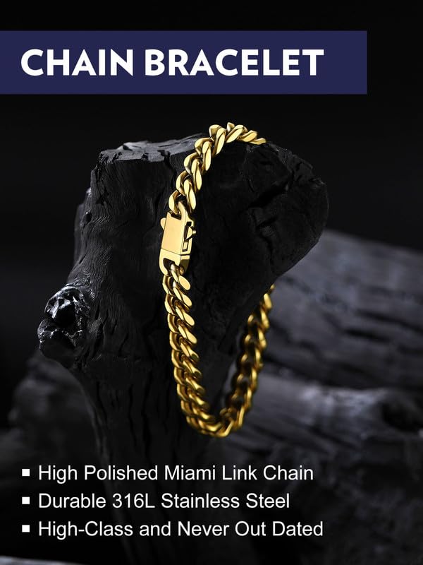 Bandmax 7MM Wide Cuban Chain Bracelet for Men Women Father's Day Gift for Son Dad Husband Stainless Steel 14K Gold Plated Hip Hop Biker Wristlet Anklet Chain Jewelry