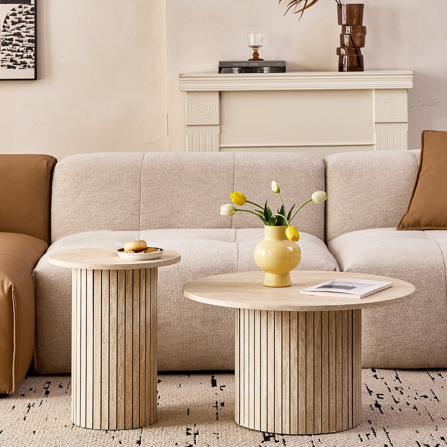 Round Nesting Coffee Tables Set of 2, Boho Wood Circle Side Table Fluted Drum, Farmhouse End Table for Living Room Bedroom, Apartment, Stone-patterned
