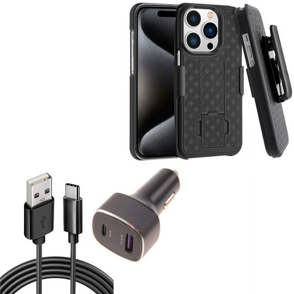 Case Belt Clip & 36W PD Fast Car Charger for iPhone 15 Pro Max - Holster Swivel Cover Kickstand and 6ft USB-C Cable 2-Port Long Cord Power Adapter X2O for iPhone 15 Pro Max (6.7")