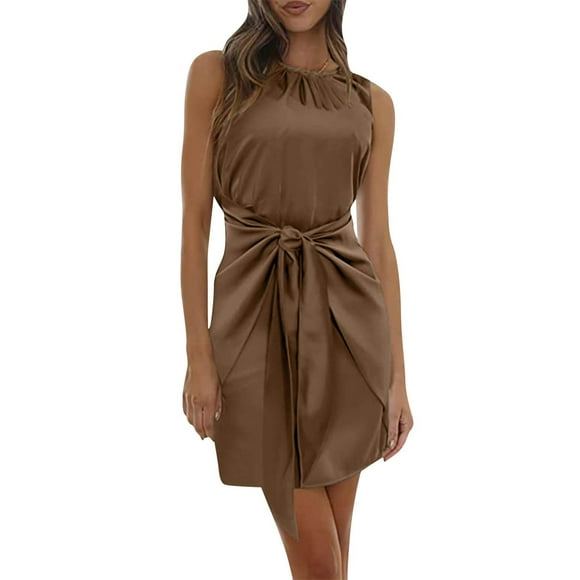 TJAZFJPA Summer Maxi Dresses for Women New Women Satin Dress Long Sleeves Round Neck Elastic Tie Waist Elegant Dresses T Shirt Dress Women Party Dress