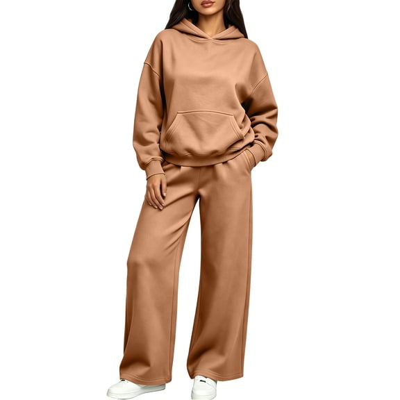 Resicozy Sweatsuits for Women 2 Piece Set Long Sleeve Hoodie Baggy Wide Leg Sweatpants Solid Color Matching Track Suits Khaki L