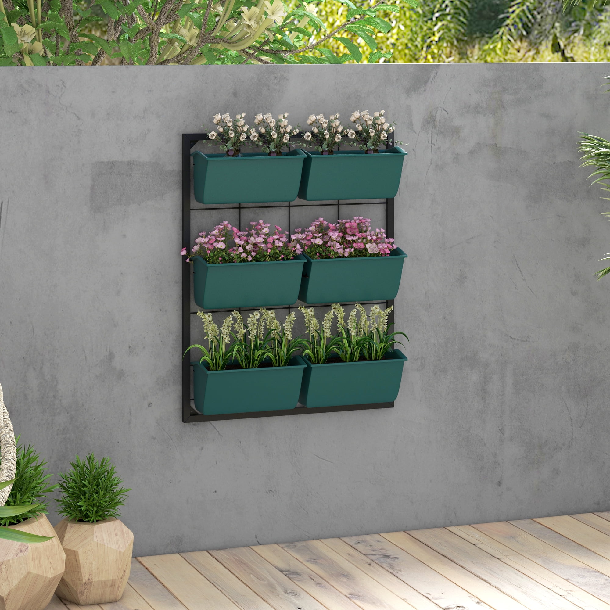 3 Tier Wall Planter with 6 Pots Hanging Plant Holder Self Draining Wall Mounted Planter for Vegetables Flowers Herbs Indoor Outdoor Balcony Patio Green
