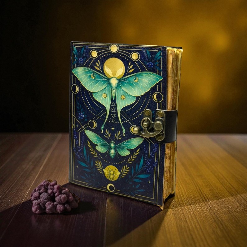 Luna Moth Leather Journal – 200 Pages Witchcraft Journal, Vintage Book of Shadows, Wiccan Pagan Gothic Witchy Magic Spellbook