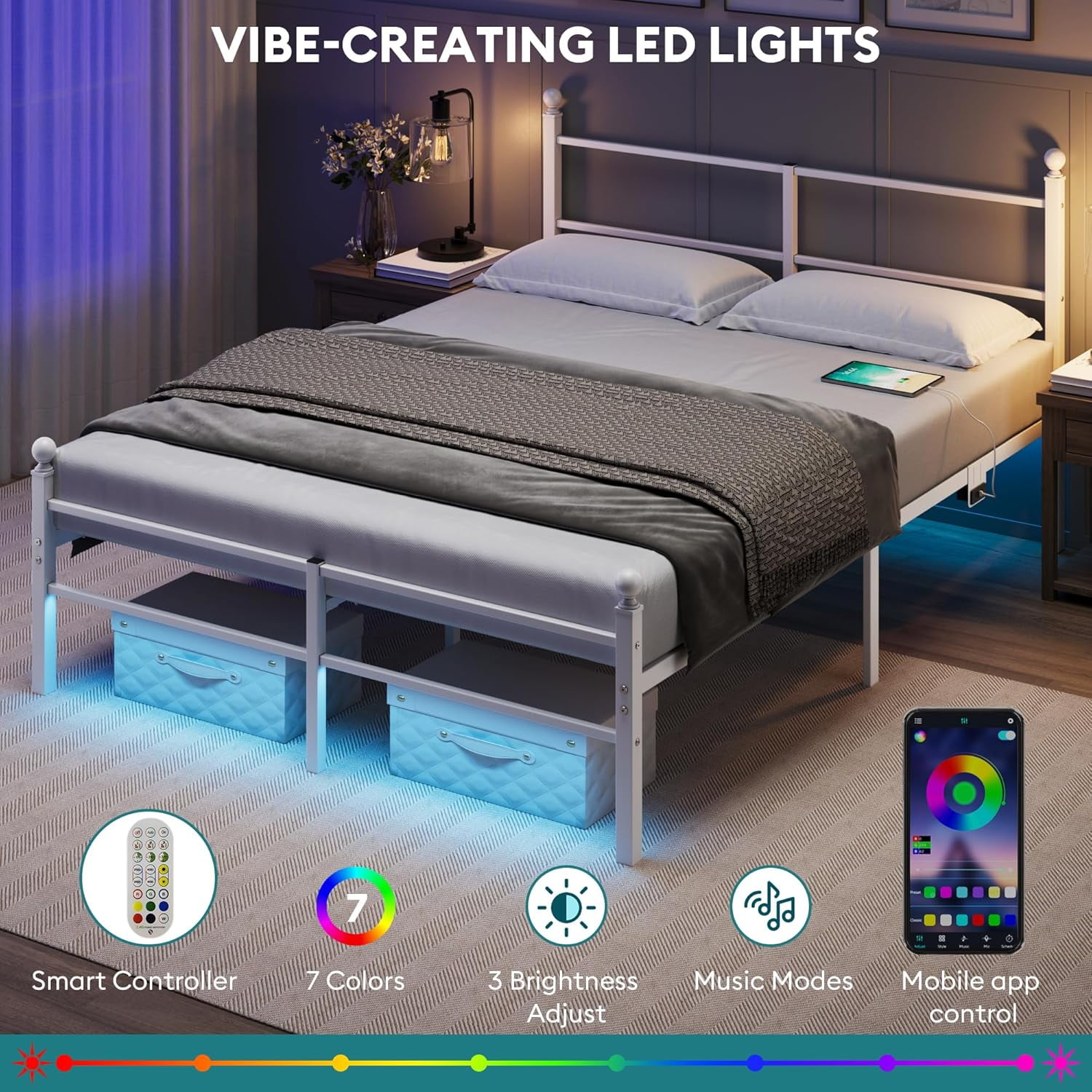 Queen Size Bed Frame with Headboard - Metal Platform Bed with LED Lights, Charging Station, Under Bed Storage and Heavy Duty Steel Slats Support - No Box Spring Needed, Easy Assembly, White