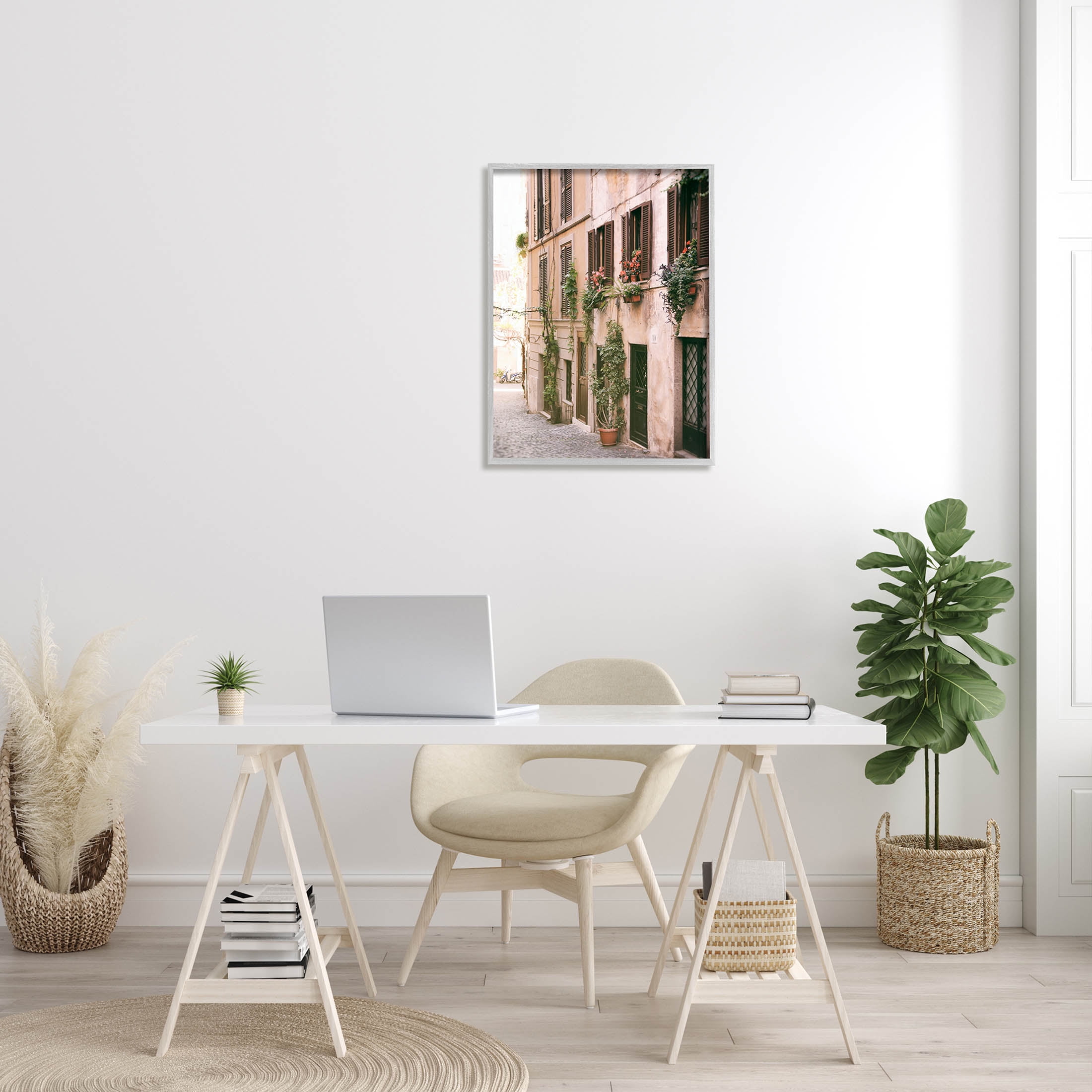Town Street Building Plants Town & City Photograph Gray Framed Art Print Wall Art