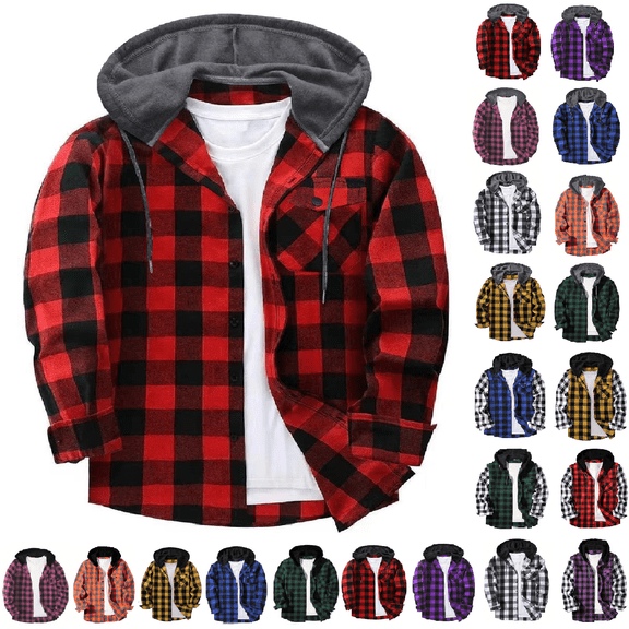 Cmtiyu Flannel Shirt for Men Drawstring Button Down Red Plaid Hooded Shirt Soft Casual Long Sleeve Hoodies with Pocket S-3XL