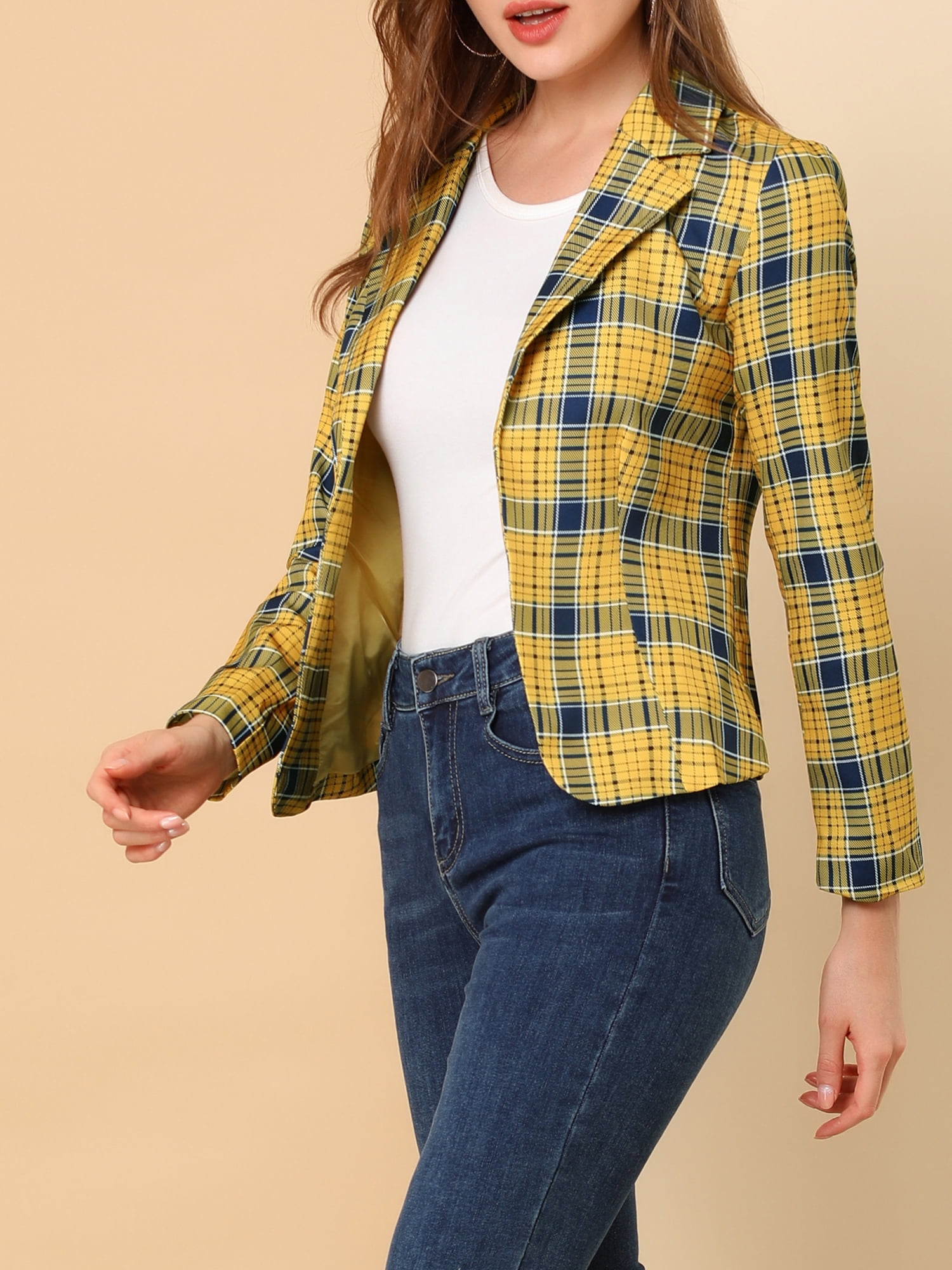DARING DIVA Women's Elegant Notched Lapel Floral Print Blazer XS Yellow-Plaid