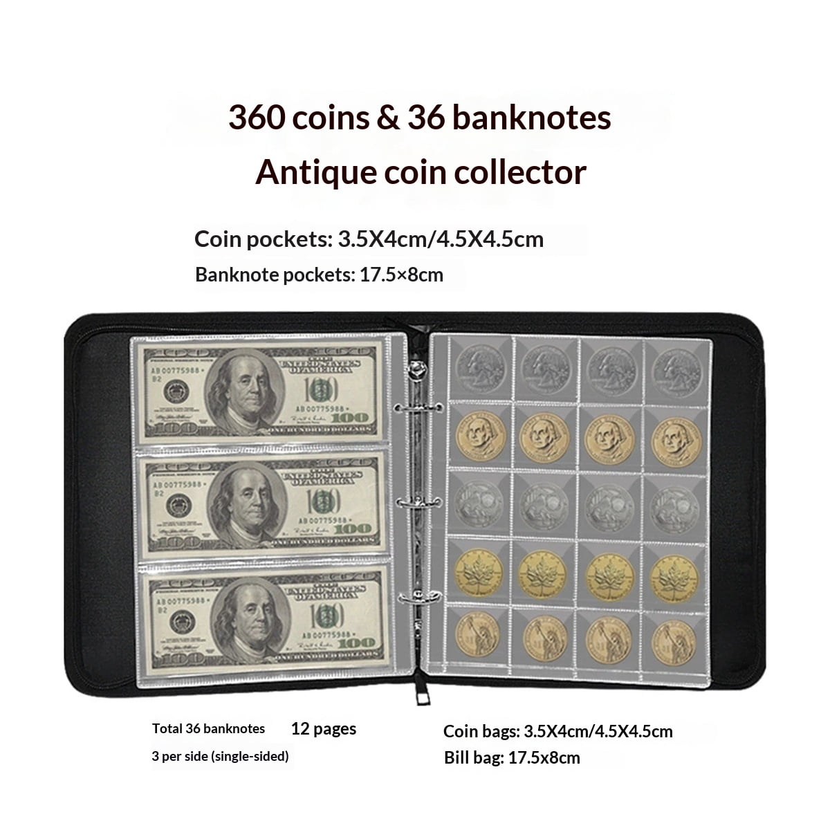 360Pockets Coin Currency Collection Book Holder for Collectors, Collection Album and 60 Sleeves Paper Money Banknote Binder, Coin Currency Collection Supplies, Black