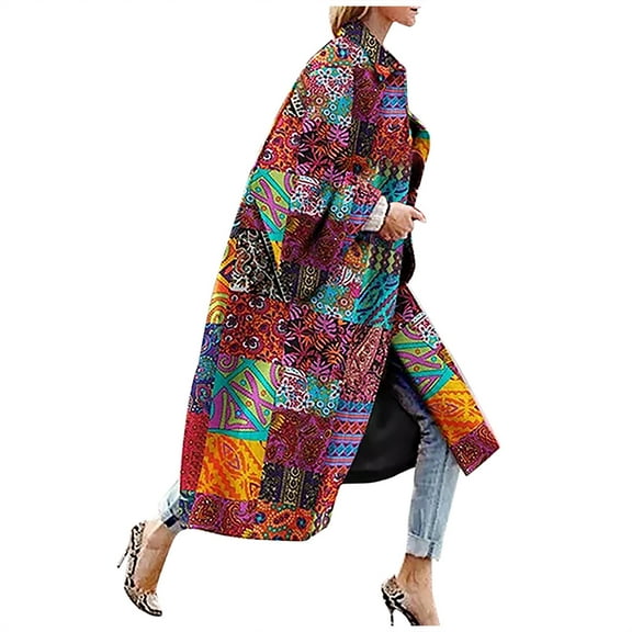 Women's Long Bell Sleeve Printed Oversized Trench Coat Boho Chic Outerwear