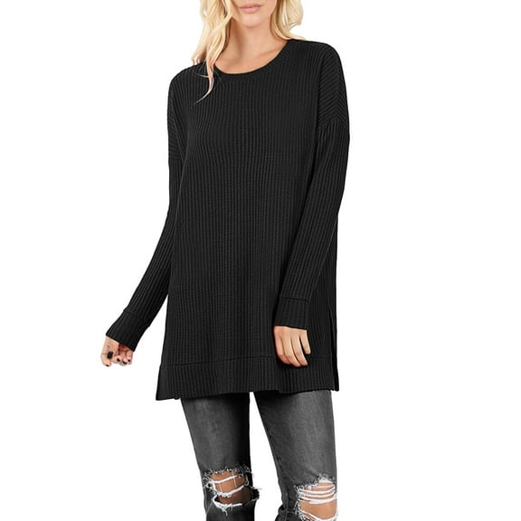 J. METHOD Women’s Knit Sweater Long Sleeve Round Neck Thermal Waffle Warm Casual Tunic Pullover Side Slit Knitted Top NEWT392 Black S