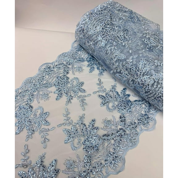 1 Yard (Baby Blue), 20" Wide Long Sequins Embroidered Lace Table Runner on Mesh Fabric for Party decoration, Trim Lace, Floral Lace Table Runner Mesh Roll