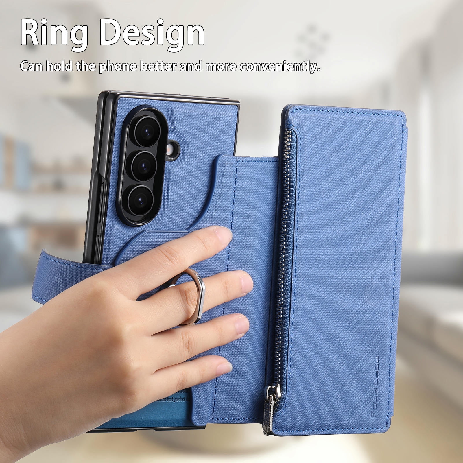 Allytechgroup for Samsung Galaxy Z Fold 3 Flip Case, Support Wireless Charging Anti-Scratch Built-in Grip Ring Shock-Absorbent PU Leather Protective Cover for Samsung Galaxy Z Fold 3, Blue
